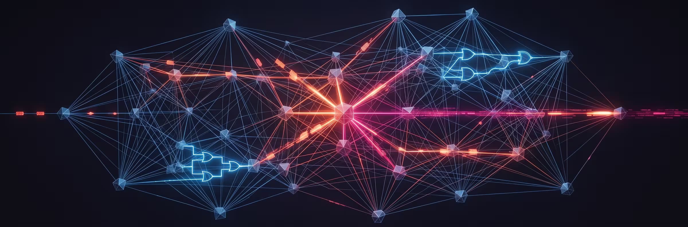 Abstract illustration of a glowing neural node lattice representing AI workflows and automation