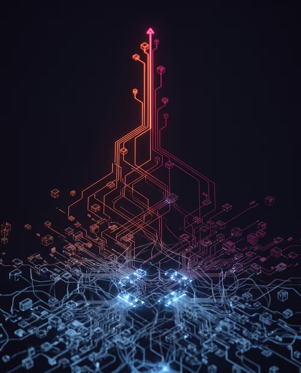 Abstract illustration of scattered nodes resolving into a clear path, representing discovery