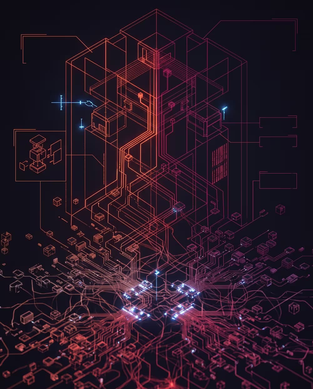 Abstract blueprint-style illustration of a structured framework, representing system planning