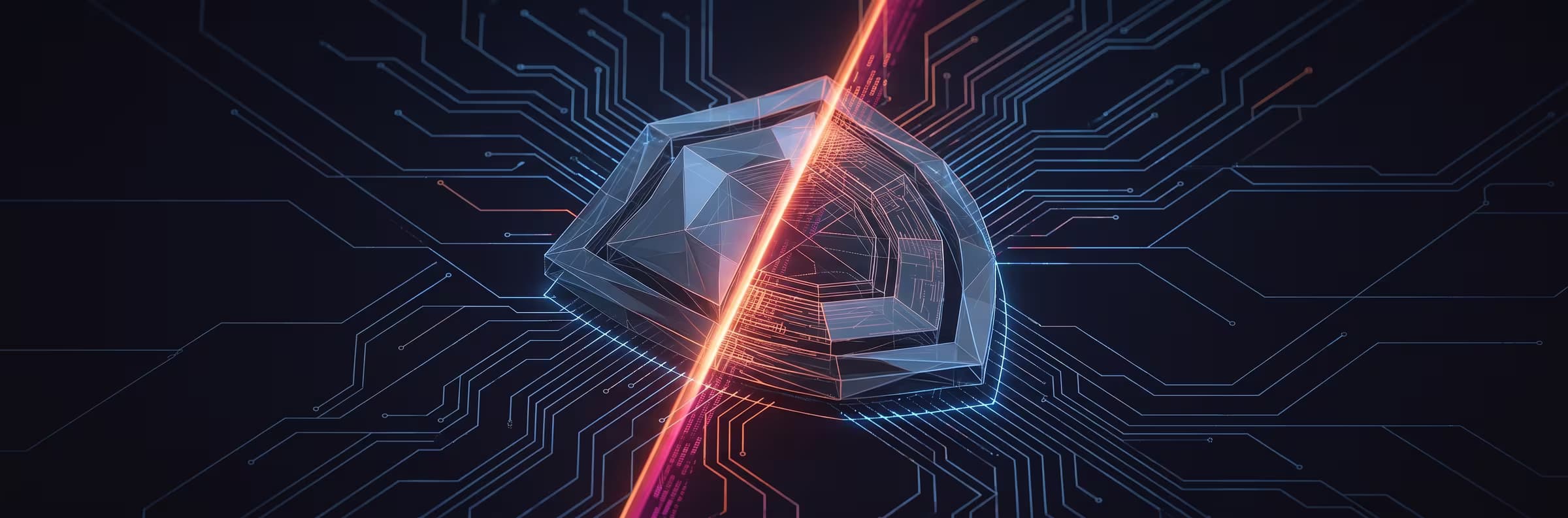 Abstract illustration of a scanned geometric shield representing security review and hardening