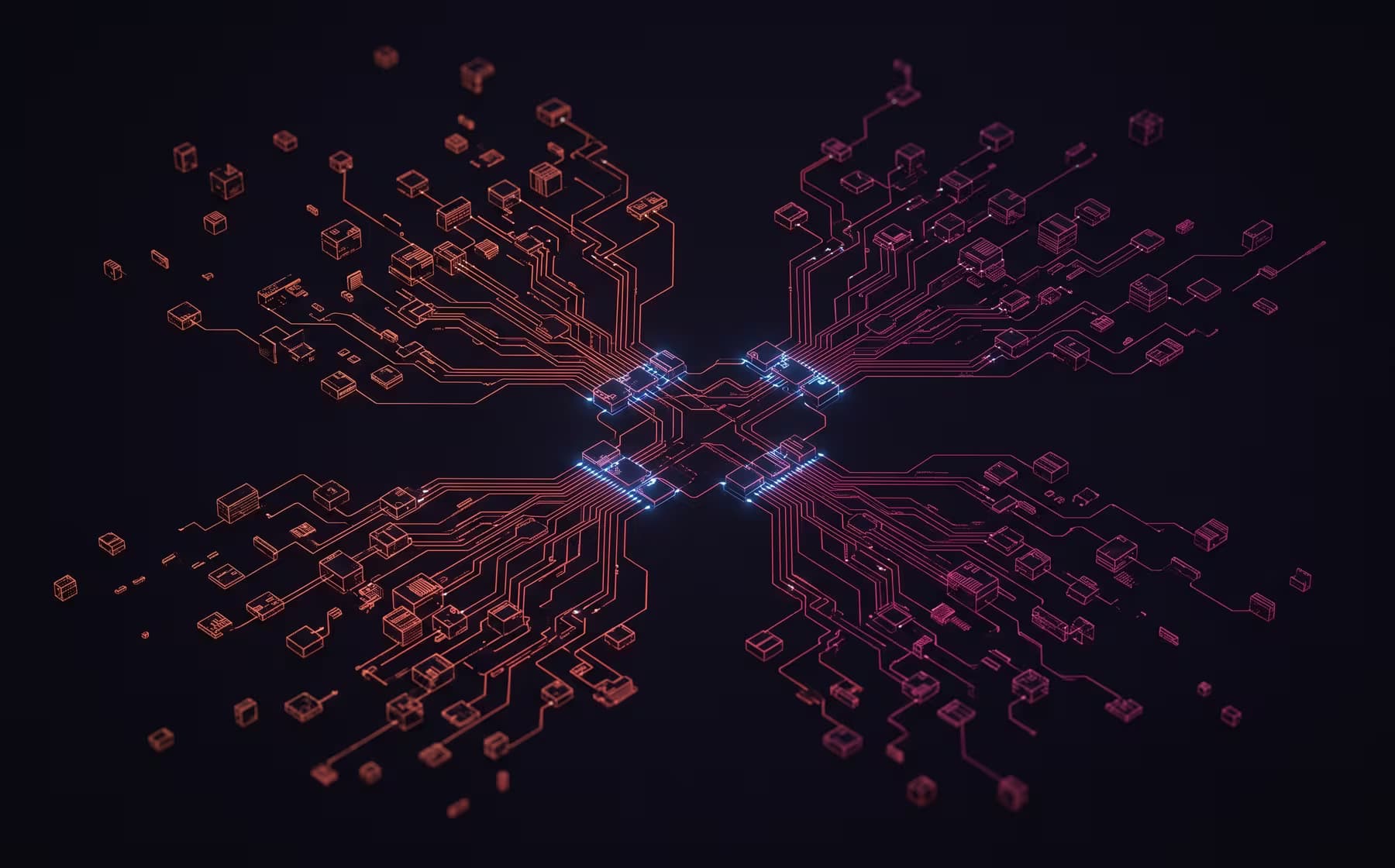 Abstract illustration of scattered modules converging into one connected system